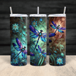 A vibrant stainless steel tumbler featuring stained-glass style dragonflies in blue, teal, and purple tones.