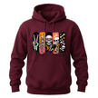 A maroon pullover hoodie with a colorful graphic of four cartoon skeletons on a white background. The graphic includes the text 'Stay Crazy' in a cursive font.