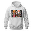 A white pullover hoodie with a graphic print on the chest featuring stylized skeletons in colorful panels and the text 'Stay Creepy' in black script.