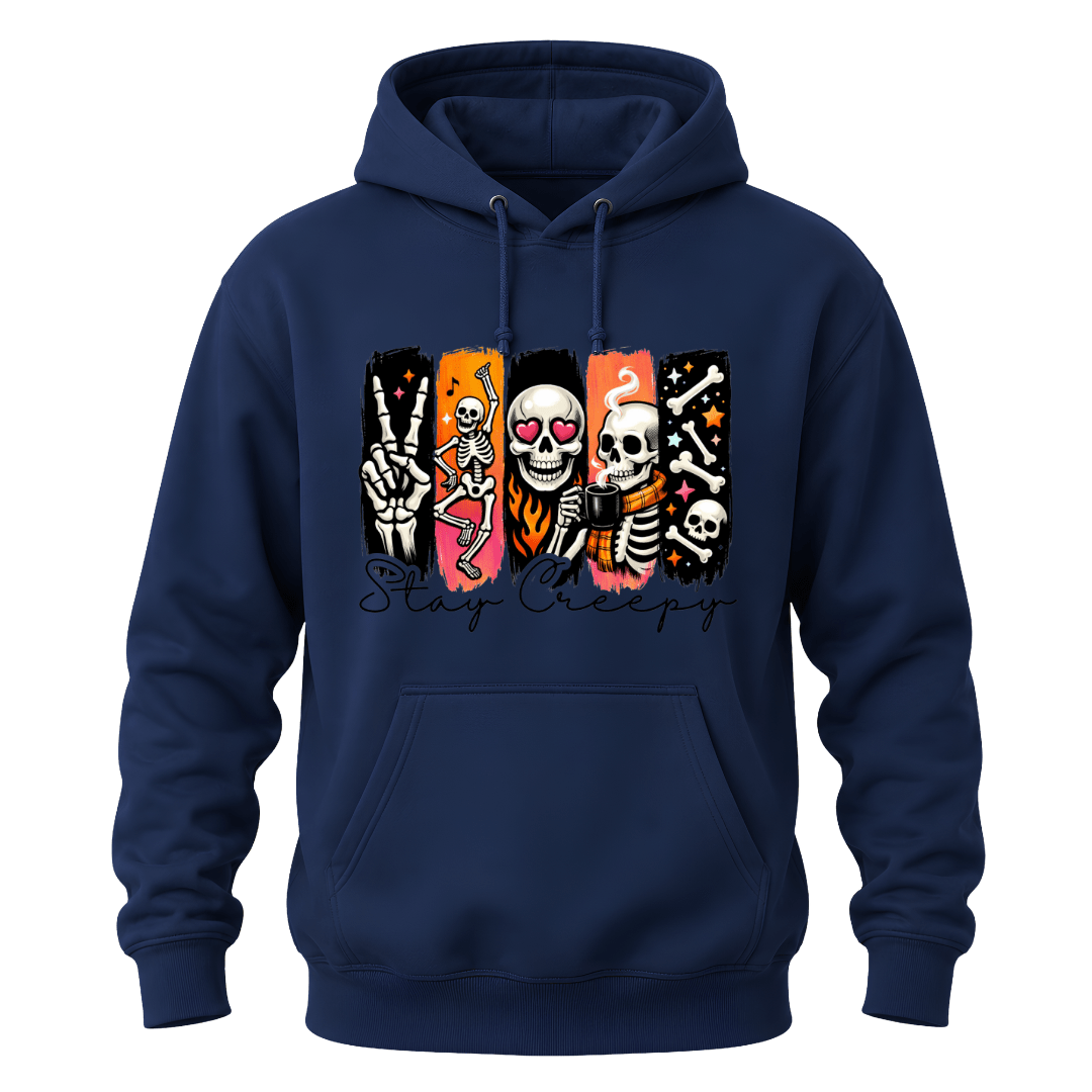A navy blue pullover hoodie with a colorful graphic print on the chest featuring cartoon skeletons and the text 'Stay Creepy' in black script.