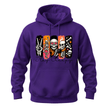 A purple pullover hoodie with a colorful graphic print on the chest featuring cartoon skeletons in vertical panels and the text 'Stay Crappy' in black script below, shown on a plain white background.