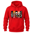 A bright red pullover hoodie with a colorful graphic on the chest featuring stylized skeletons in vertical panels and the text 'Stay Crepy' in black script below, shown on a plain white background.
