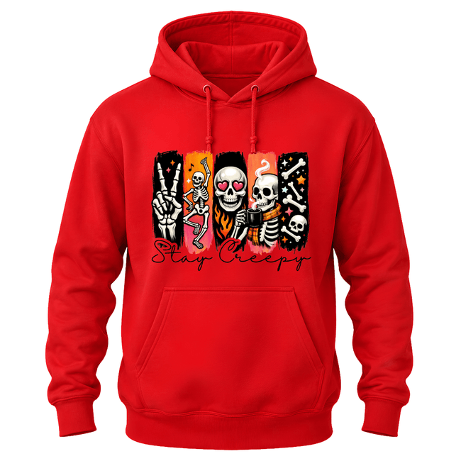 A bright red pullover hoodie with a colorful graphic on the chest featuring stylized skeletons in vertical panels and the text 'Stay Crepy' in black script below, shown on a plain white background.