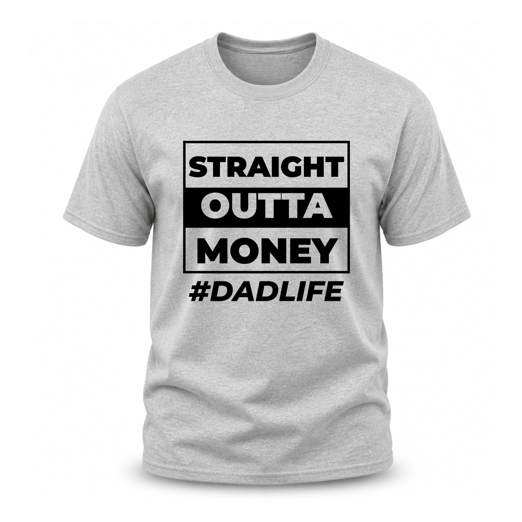 Grey family humor tee with large typography and dadlife statement print
