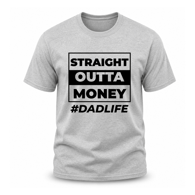 Grey family humor tee with large typography and dadlife statement print