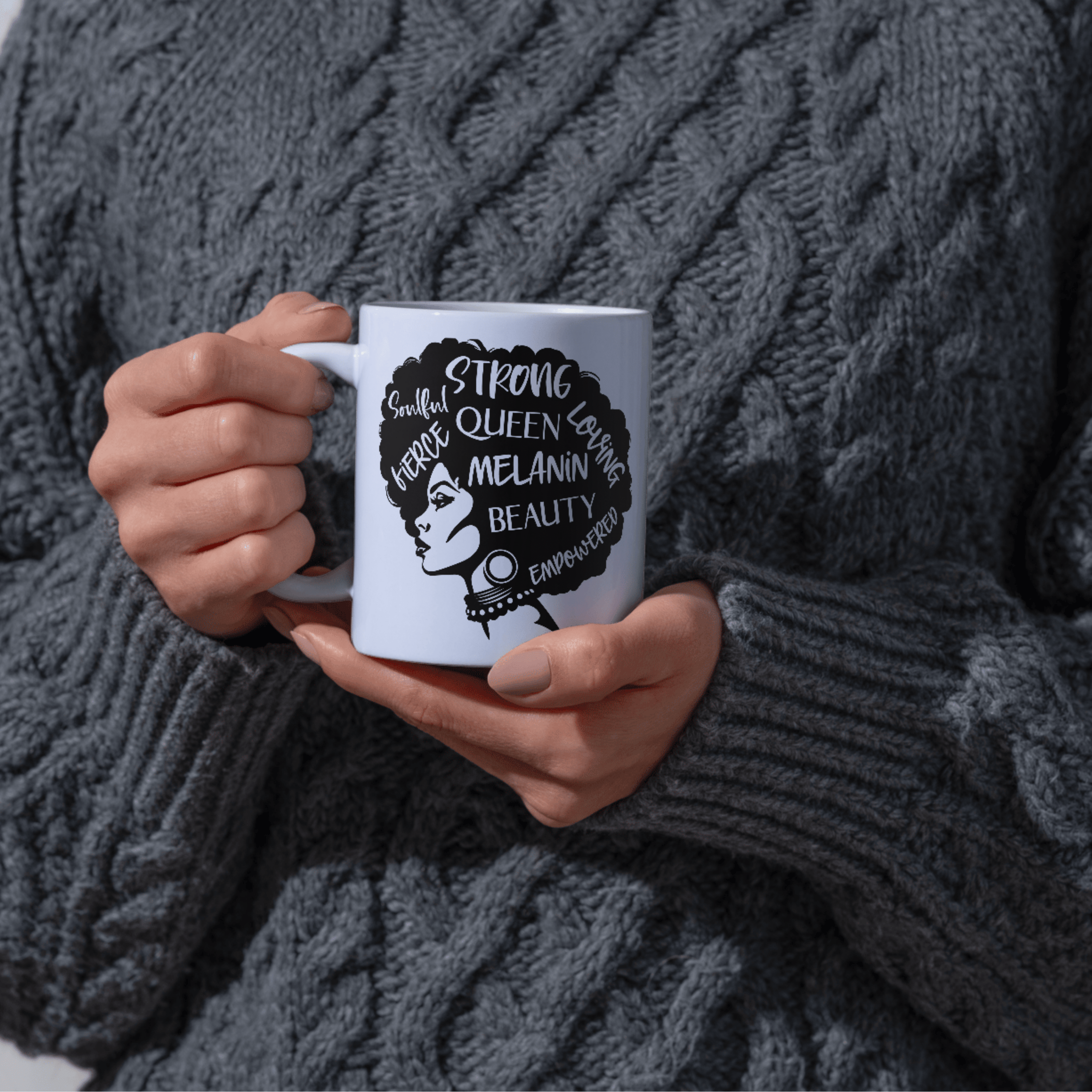 Stylish afro woman design filled with positive words such as soulful, loving, fierce, and empowered — ideal for digital prints, t-shirts, or mug sublimation.