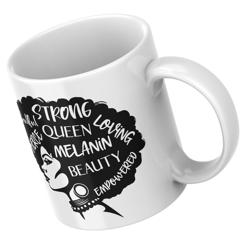 Empowering afro woman vector design with typography featuring words strong, fierce, melanin, beauty, and queen — elegant graphic for mugs, apparel, and wall prints.