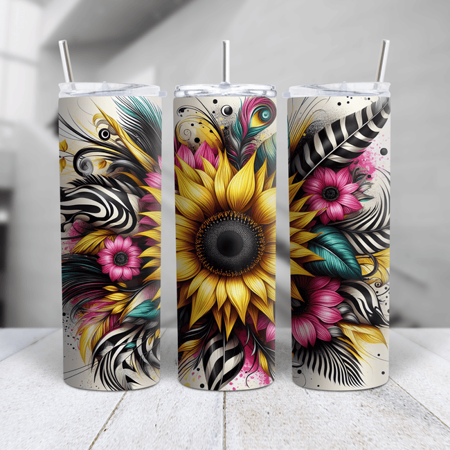 Colorful sunflower and abstract floral design stainless steel tumbler featuring vibrant petals, feathers, and bold accents.