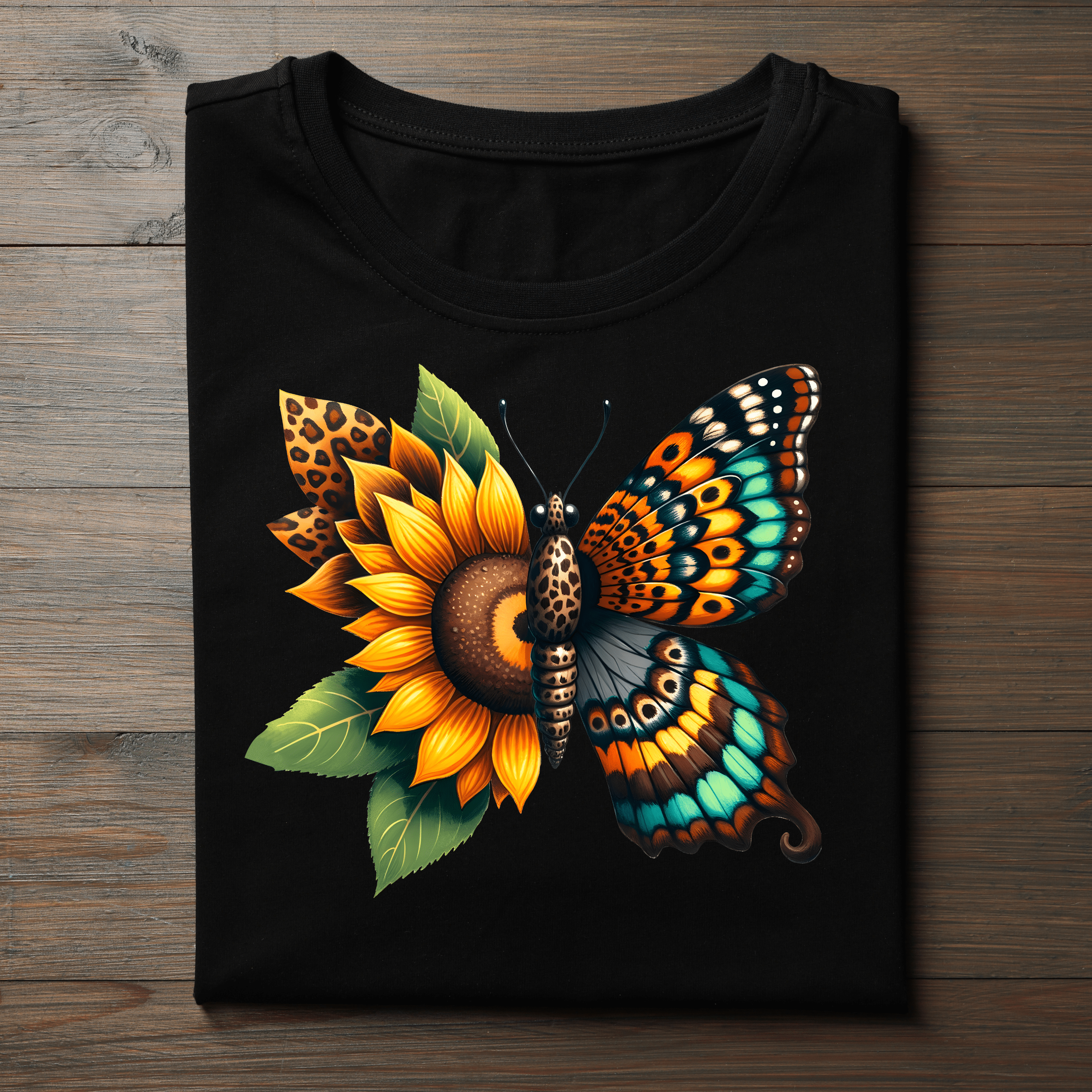 Black t-shirt with a colorful butterfly and sunflower design on a wooden surface