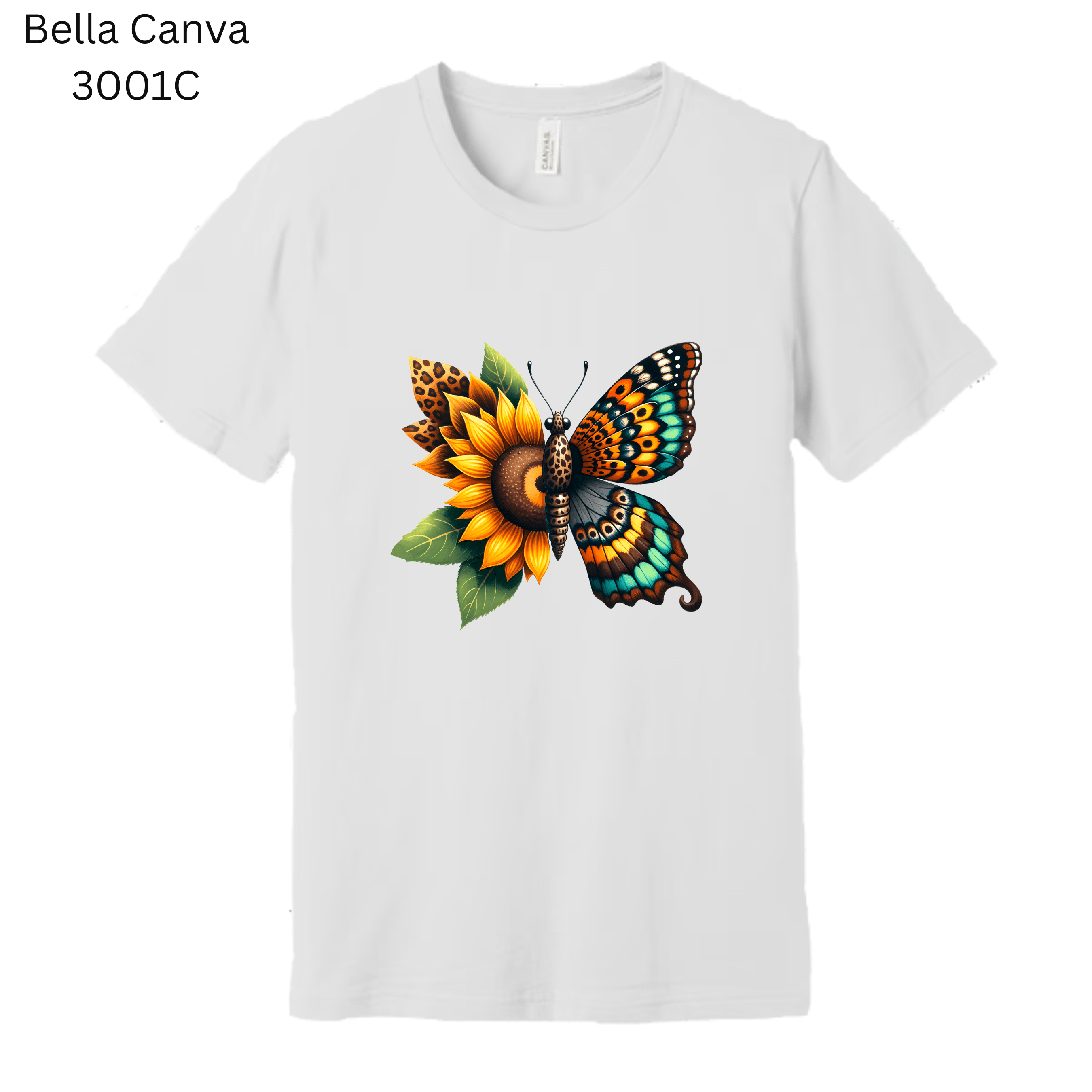 White t-shirt trendy sunflower butterfly T-shirt with leopard print accents and turquoise wings—unique fashion statement for everyday wear.