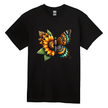 Beautiful sunflower and butterfly design on a black unisex T-shirt, blending nature and boho elegance—printed on soft Gildan or Bella + Canvas cotton.