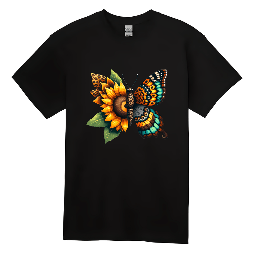 Beautiful sunflower and butterfly design on a black unisex T-shirt, blending nature and boho elegance—printed on soft Gildan or Bella + Canvas cotton.