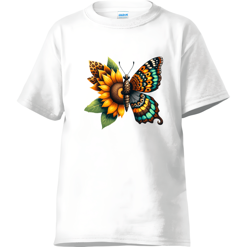Bohemian sunflower butterfly shirt with vibrant colors and leopard accents—perfect gift for nature lovers and summer outfits.
