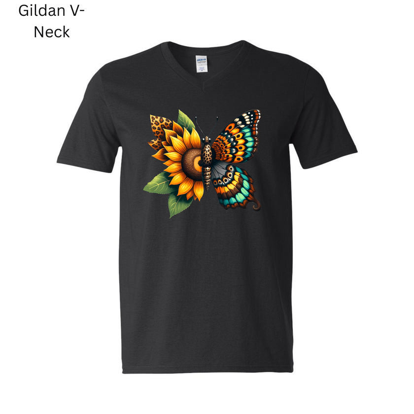 Stylish floral graphic tee featuring a half-sunflower, half-butterfly print—ideal casual wear for women who love nature art.
