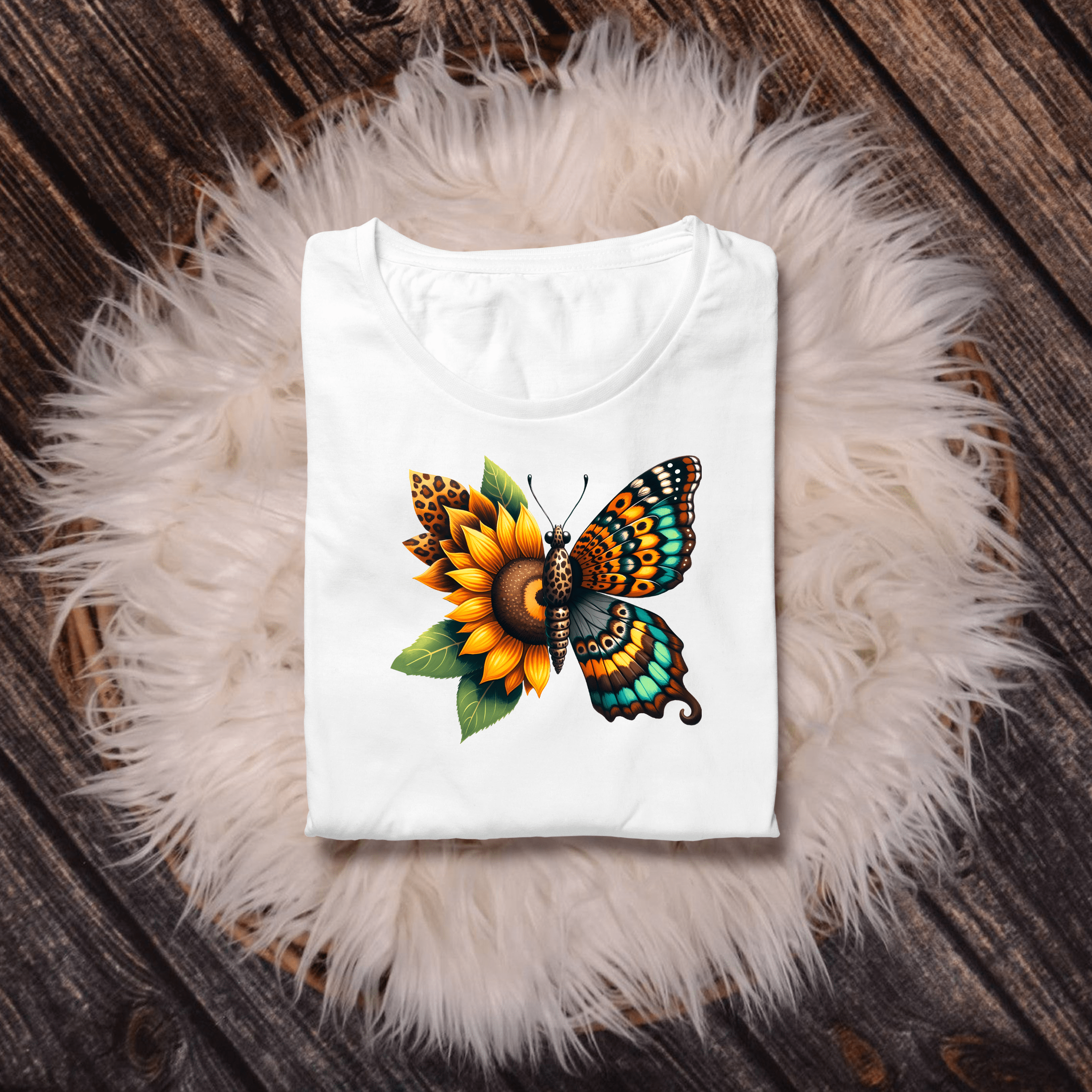 Artistic unisex tee showcasing a butterfly merging with a sunflower—bold design for art and nature enthusiasts.