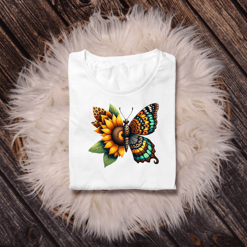 Artistic unisex tee showcasing a butterfly merging with a sunflower—bold design for art and nature enthusiasts.