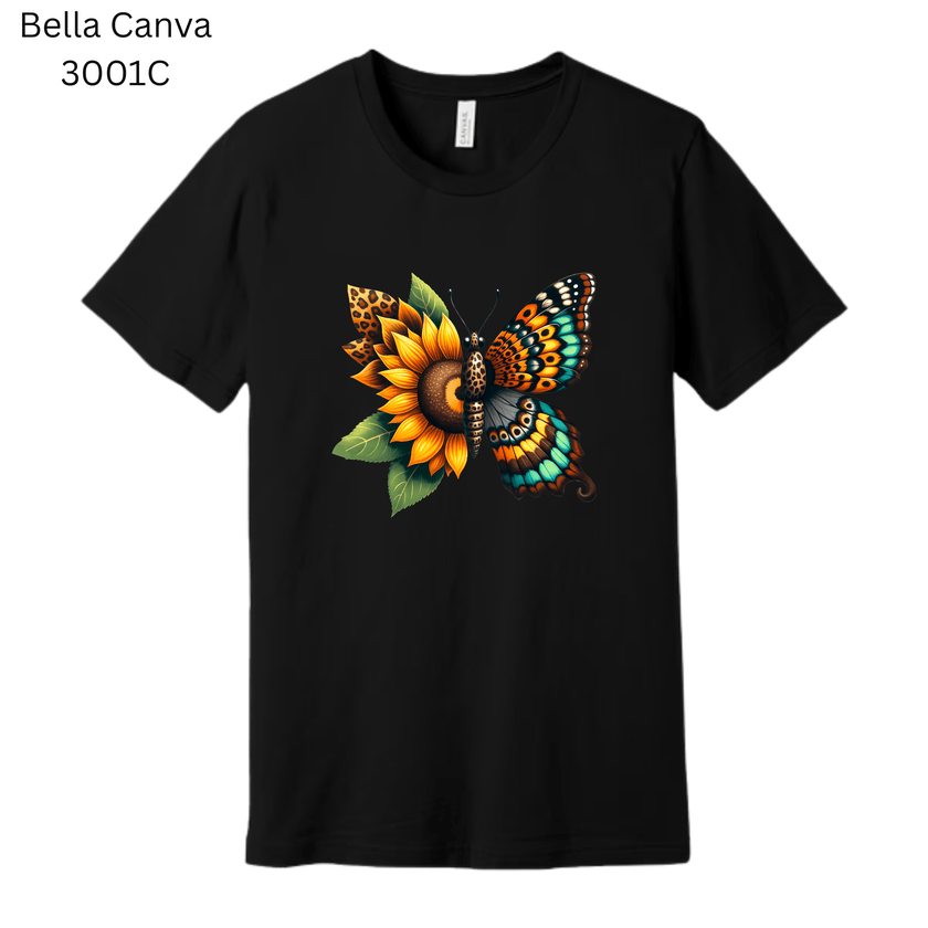 Vintage sunflower butterfly graphic tee with realistic details and earthy tones—thoughtful birthday or Mother’s Day gift.