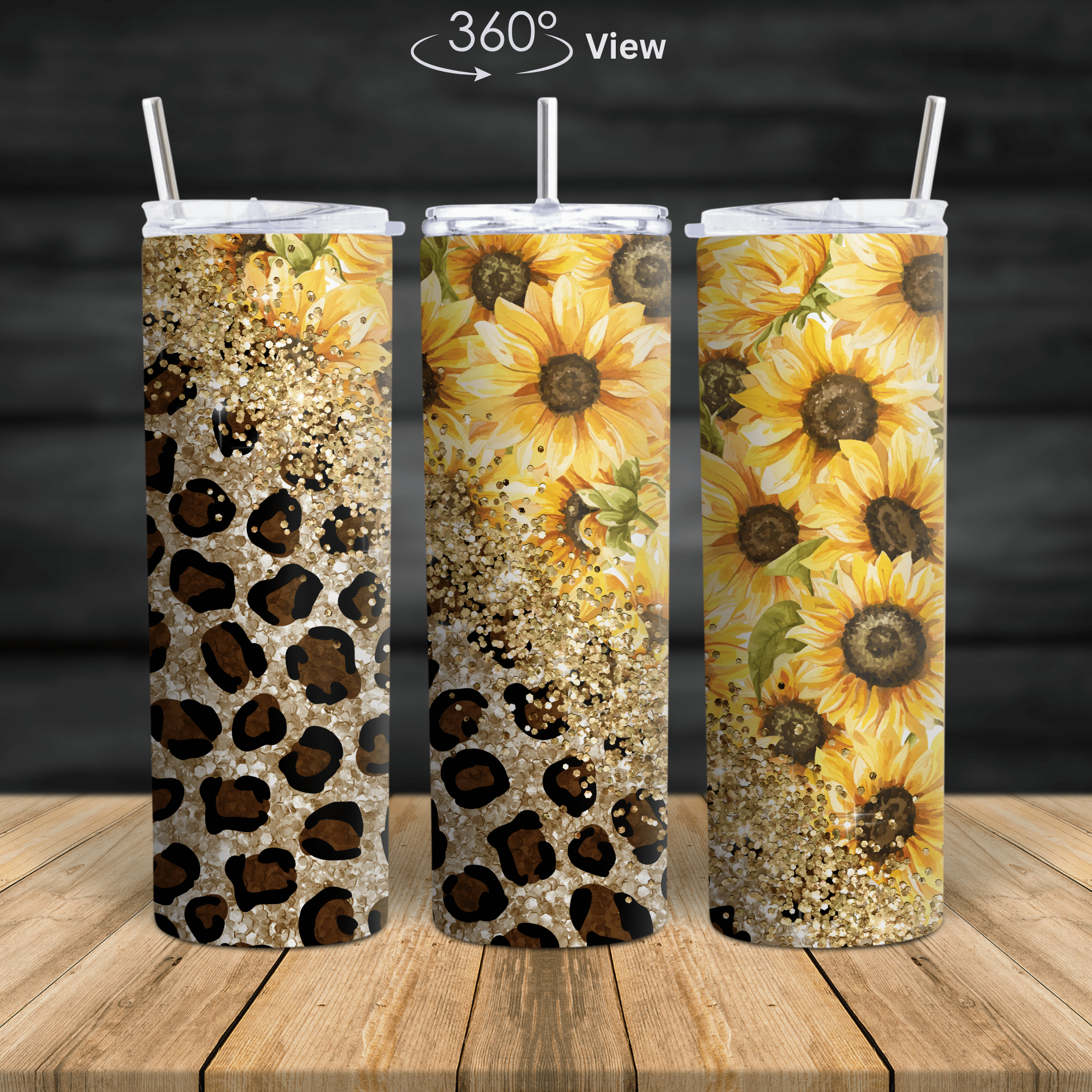 A stainless steel tumbler featuring sunflowers, gold glitter, and leopard print patterns, available in 20oz and 30oz sizes.