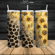 A stainless steel tumbler featuring sunflowers, gold glitter, and leopard print patterns, available in 20oz and 30oz sizes.