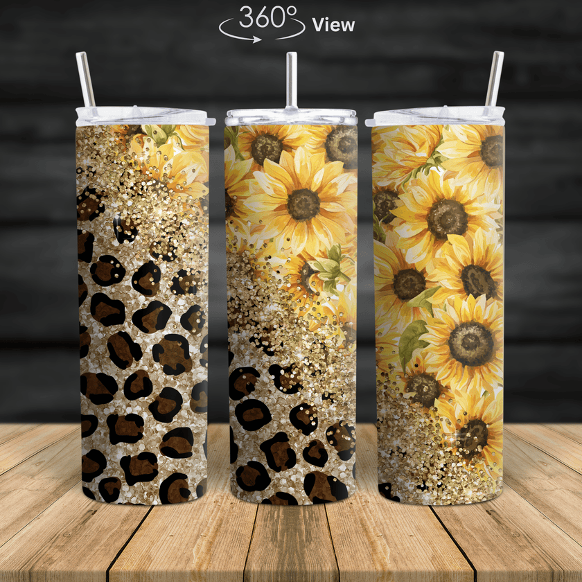 A stainless steel tumbler featuring sunflowers, gold glitter, and leopard print patterns, available in 20oz and 30oz sizes.