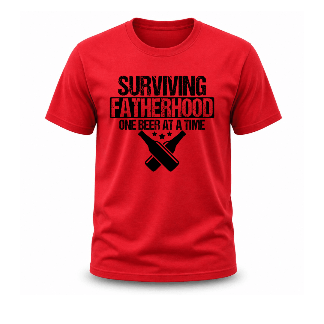Red funny Father’s Day T shirt featuring bold fatherhood quote and crossed beer bottles