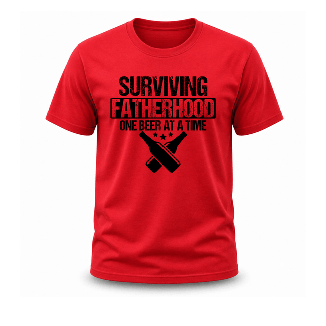 Red funny Father’s Day T shirt featuring bold fatherhood quote and crossed beer bottles