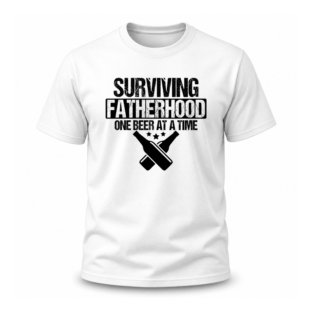 White casual dad graphic tee with humorous surviving fatherhood slogan for everyday wear