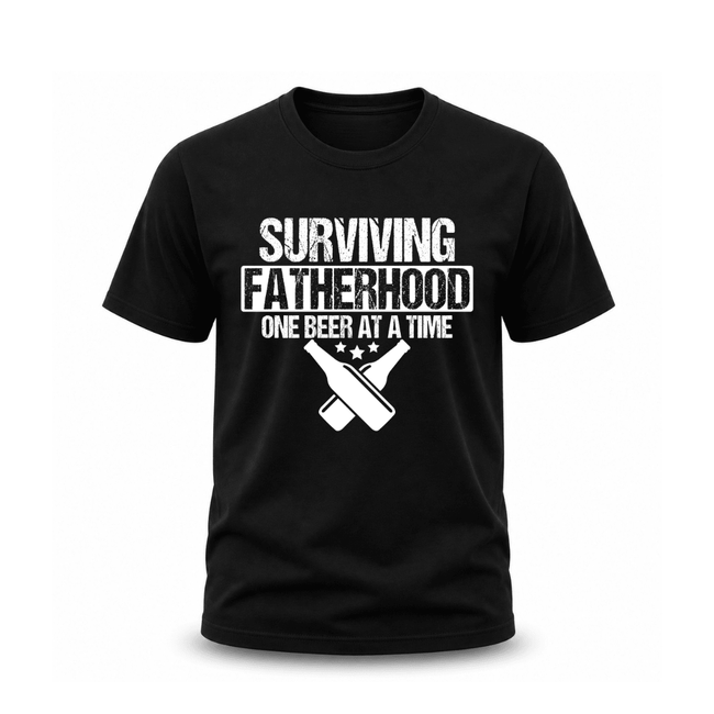 Black funny dad graphic T shirt with Surviving Fatherhood One Beer At A Time beer bottle design