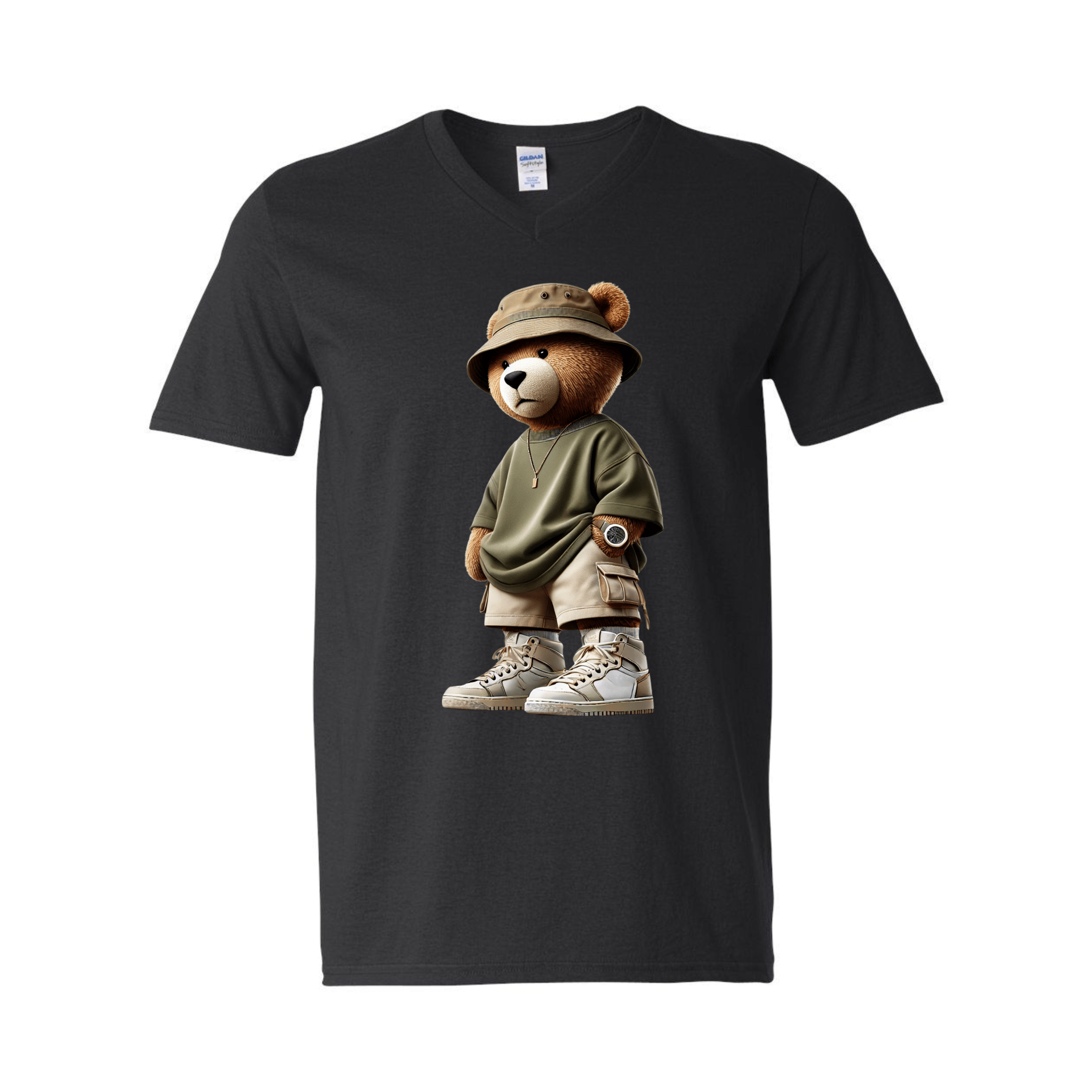 Black t-shirt with a teddy bear graphic wearing a hat, shirt, and pants on a white background