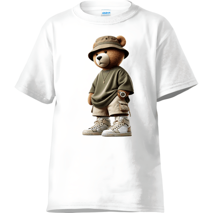 White t-shirt with a teddy bear graphic wearing a hat, shirt, and pants on a white background.