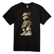 Black streetwear t-shirt with swag bear graphic wearing bucket hat and sneakers