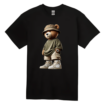 Black streetwear t-shirt with swag bear graphic wearing bucket hat and sneakers
