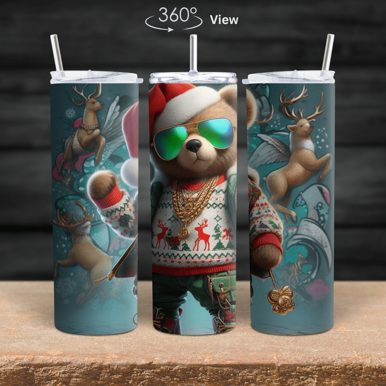 Hip hop Christmas teddy bear tumbler wrap featuring festive sweater, gold chains, and reindeer artwork.
