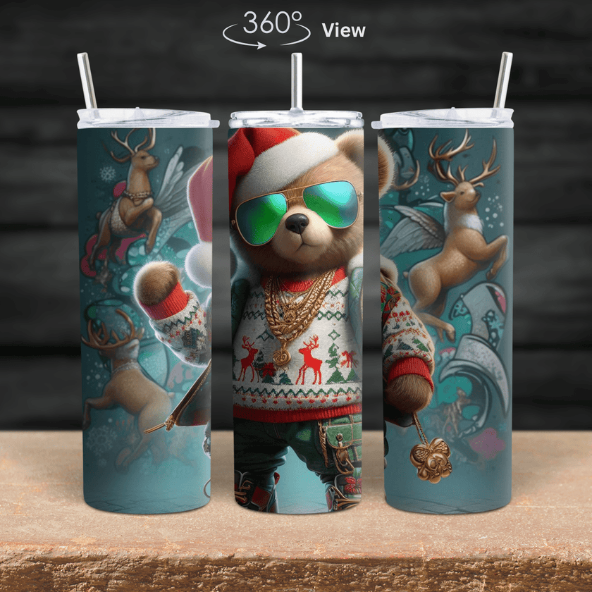 Hip hop Christmas teddy bear tumbler wrap featuring festive sweater, gold chains, and reindeer artwork.