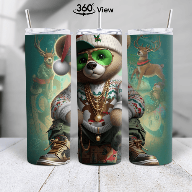 Swag teddy bear Christmas tumbler with chains, sunglasses, and reindeer design on 20oz skinny tumbler.