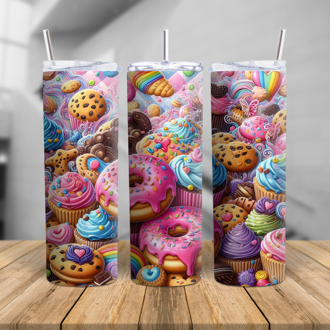 Rainbow sweets pattern 20oz tumbler with splash lid and gift‑ready packaging.