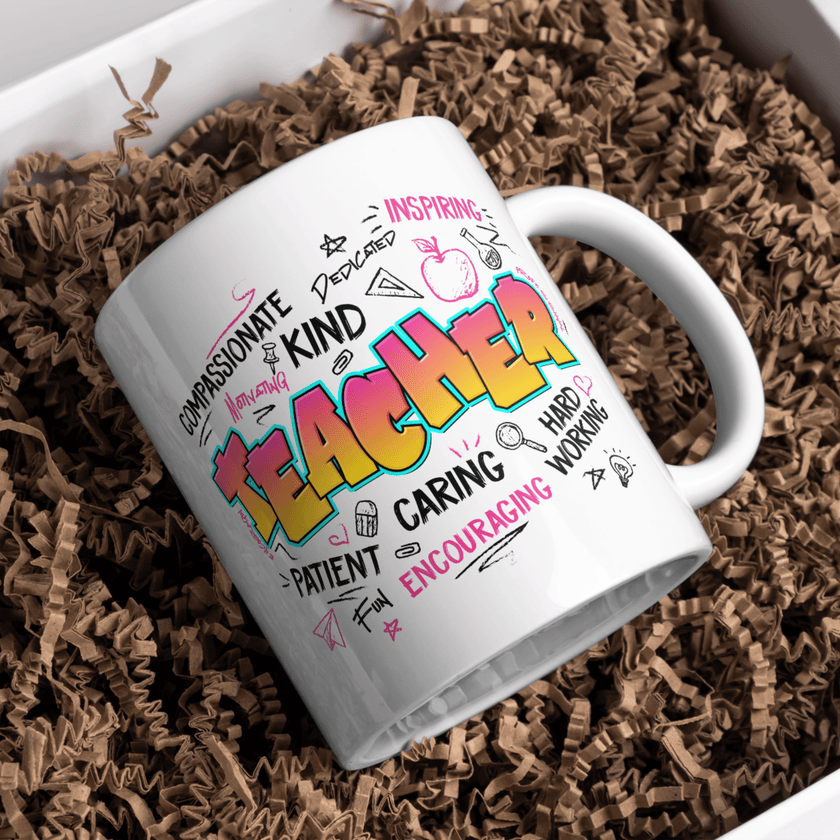 Colorful motivational teacher SVG design with large “Teacher” lettering surrounded by hearts, stars, and inspirational words.