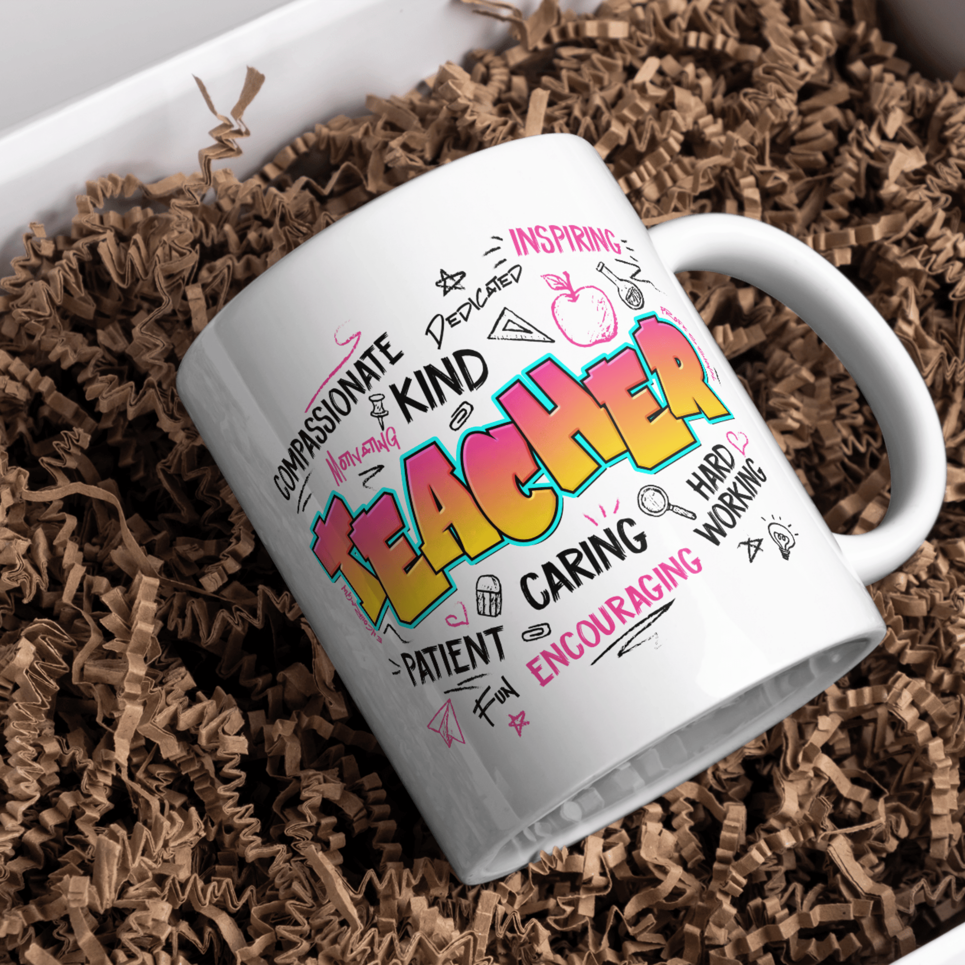 Bright graffiti-style “Teacher” mug design in yellow and pink with motivational words.