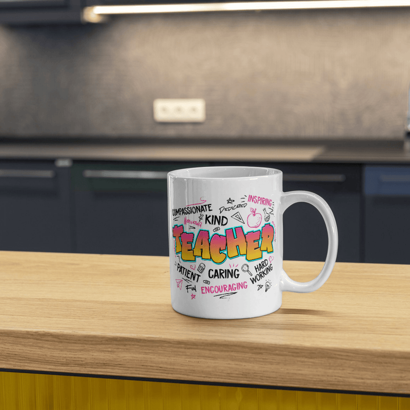 Modern colorful teacher word art graphic in gradient yellow and pink with doodles and uplifting text