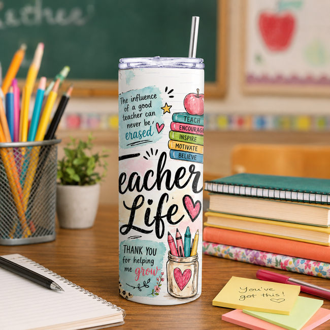 Teacher Life skinny tumbler cup featuring classroom inspired artwork with books, pencils, crayons, flowers, apple, and teacher quotes.