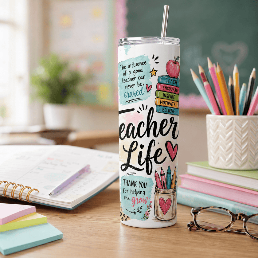 Thoughtful teacher gift tumbler with school themed artwork, inspirational quotes, colorful classroom details, lid, and straw.