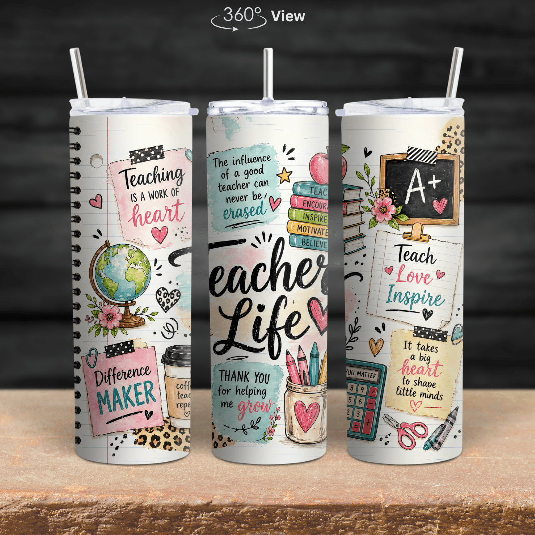 Cute teacher tumbler cup with full wrap design including a globe, chalkboard, books, hearts, and thank you teacher messages.