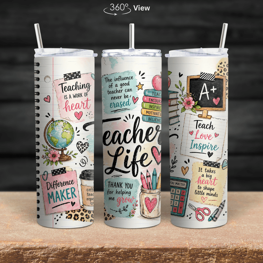 Cute teacher tumbler cup with full wrap design including a globe, chalkboard, books, hearts, and thank you teacher messages.