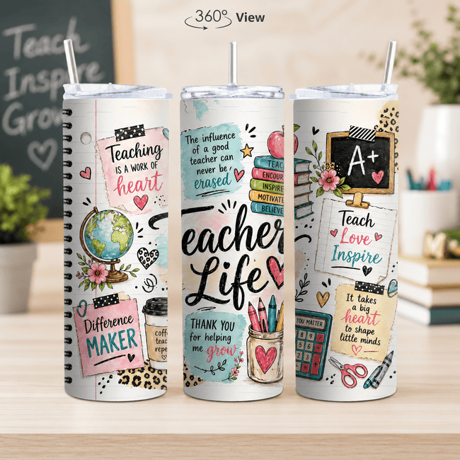 Teacher appreciation tumbler with clear lid and reusable straw, shown on a classroom desk with notebooks, pencils, and school decor.