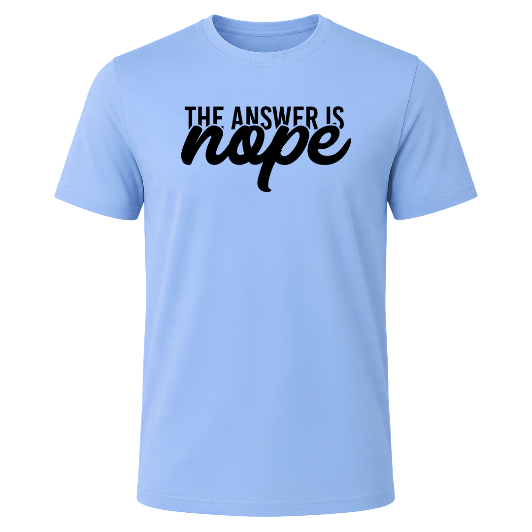 Carolina blue men's graphic shirt with bold funny The Answer Is Nope design