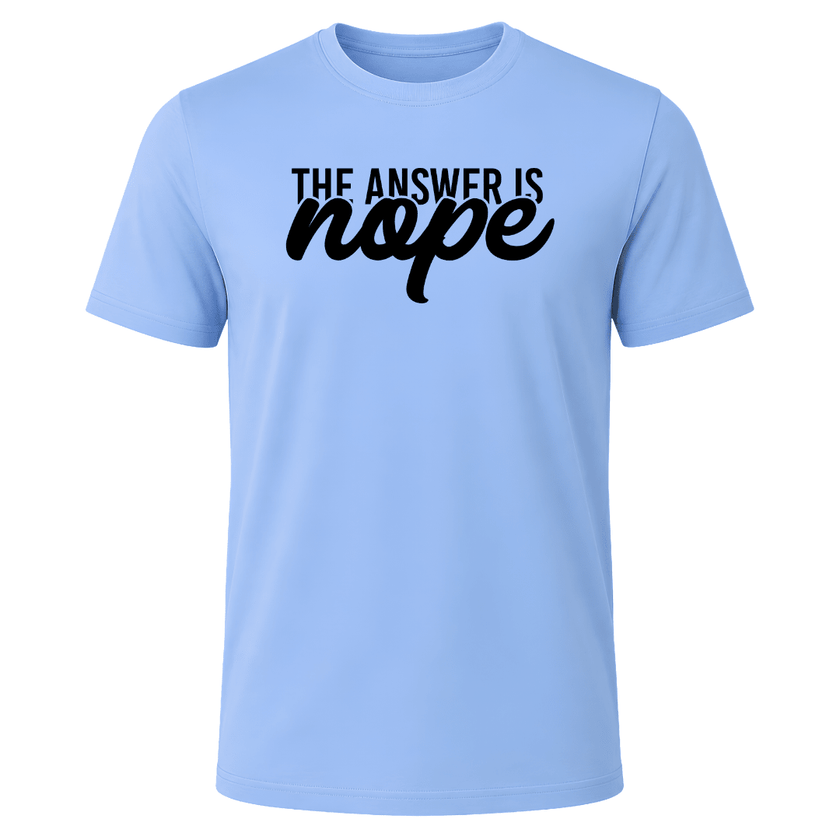 Carolina blue men's graphic shirt with bold funny The Answer Is Nope design
