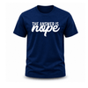Navy blue casual men's graphic tee displaying The Answer Is Nope humorous quote