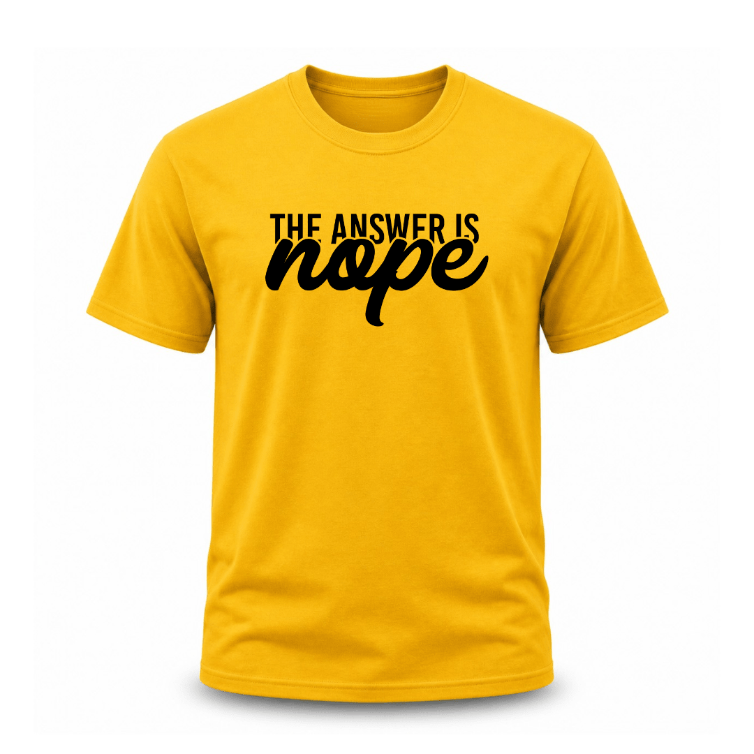 Yellow men's graphic T shirt featuring witty The Answer Is Nope typography design