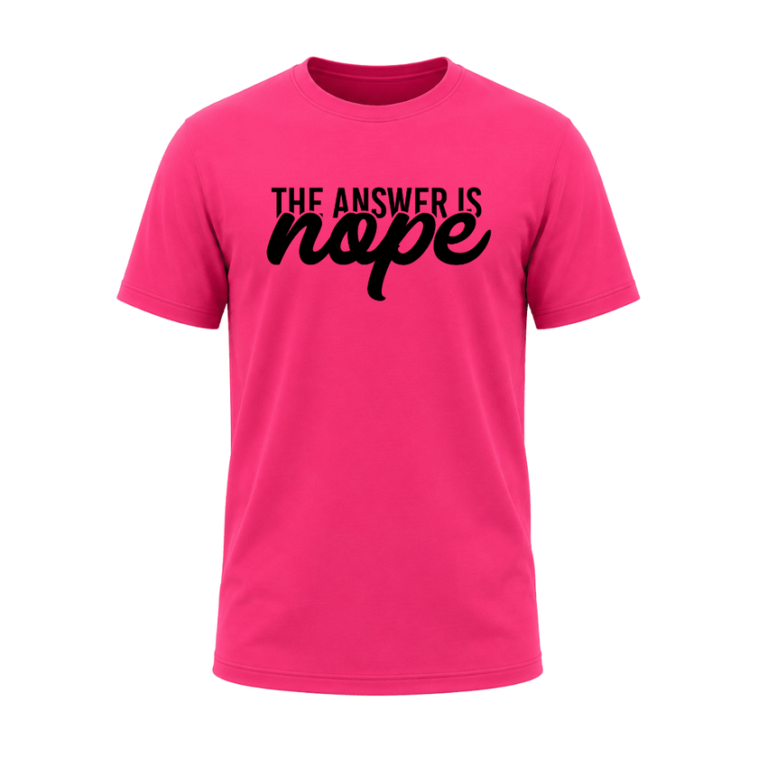 Heliconia pink men's graphic tee displaying The Answer Is Nope funny quote