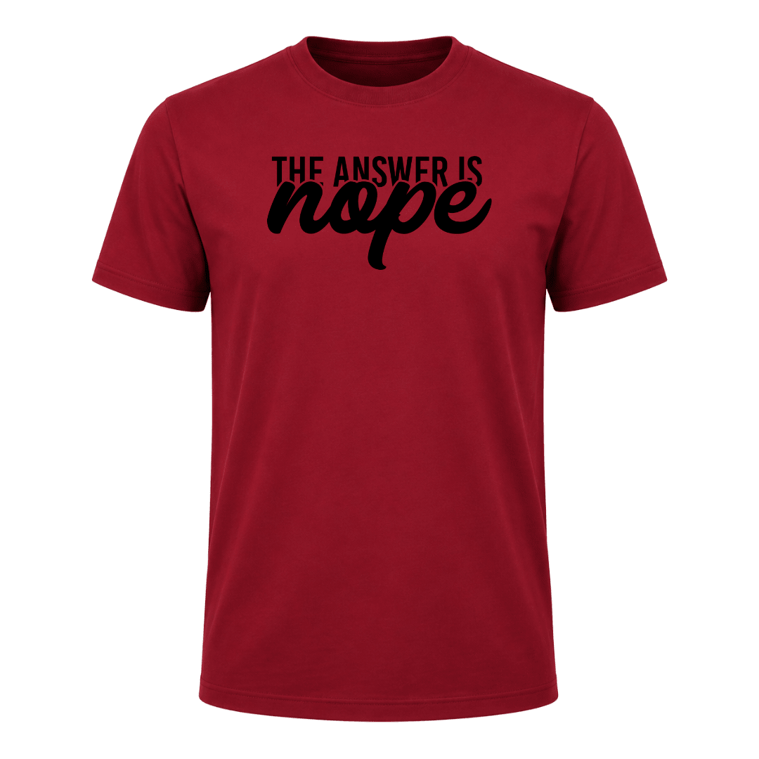 Cardinal red men's graphic shirt with humorous The Answer Is Nope typography